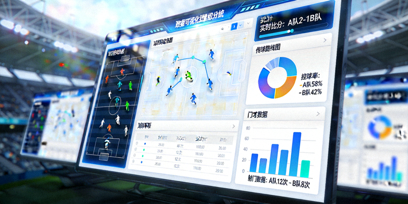 展示复杂足球比赛数据分析和可视化图表的大屏幕